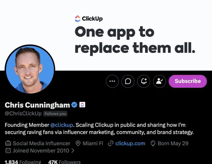 ClickUp founding team profile, 47K on X