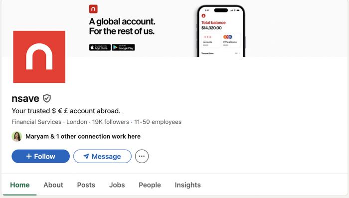nsave LinkedIn company page, 19K followers