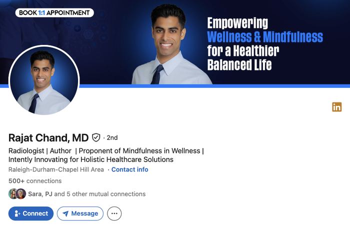 Rajat Chand MD LinkedIn profile with designed banner